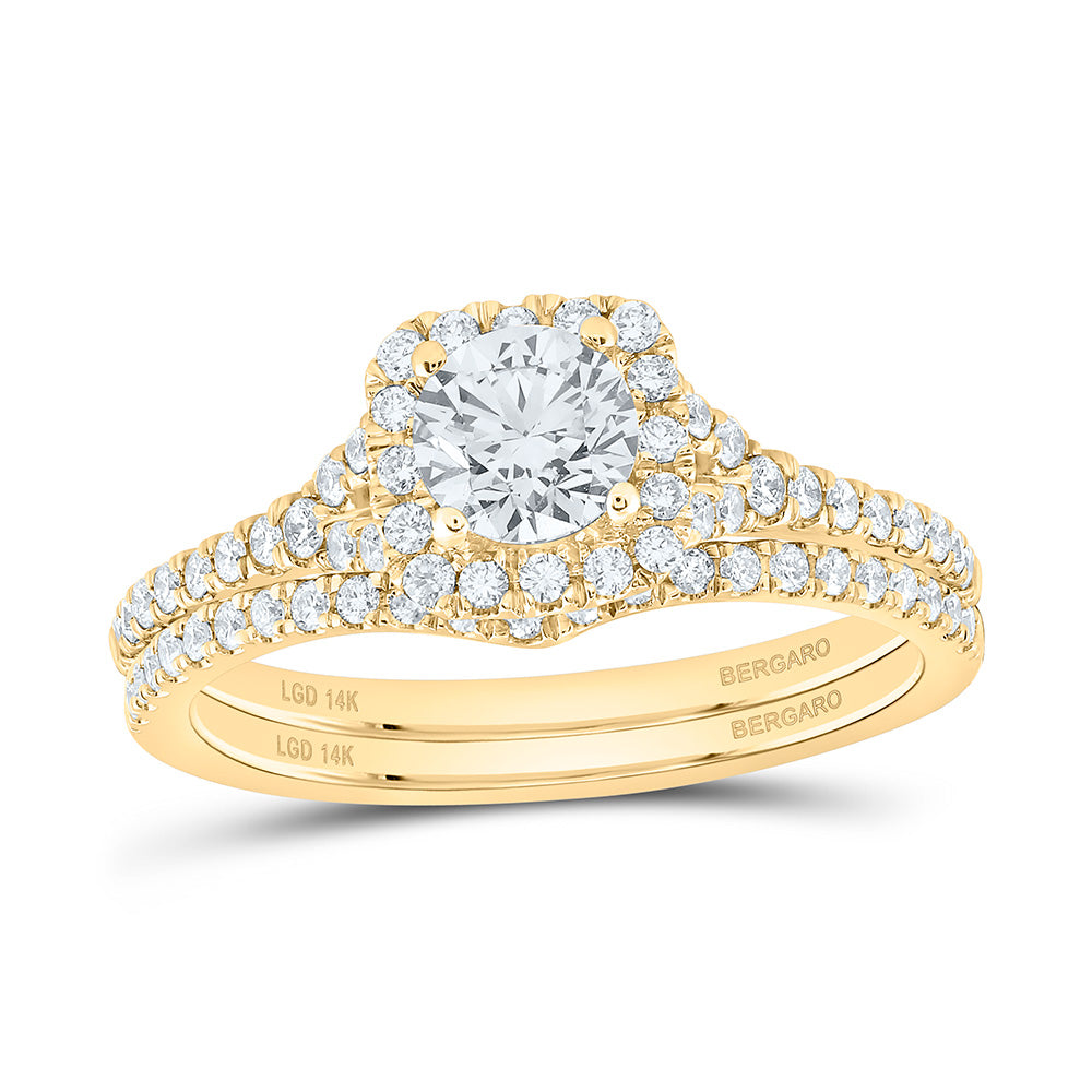 14K Yellow Or White Gold 1 Cttw Lab Grown Diamond 1/2 Cttw Center Round Cushion Single Halo Bridal Set