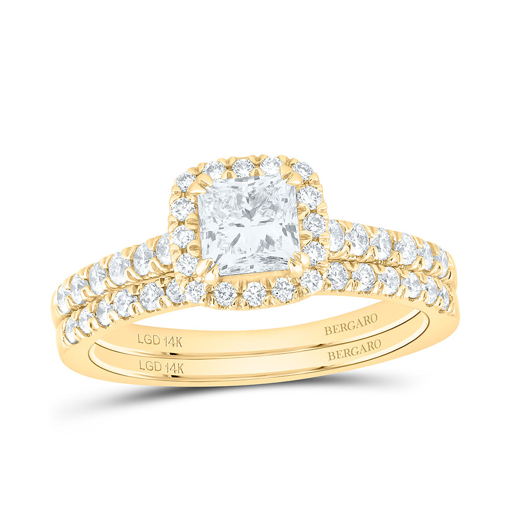 14K Yellow Or White Gold 1 1/3 Cttw Lab Grown Diamond 3/4 Cttw Center Princess Single Halo Bridal Set