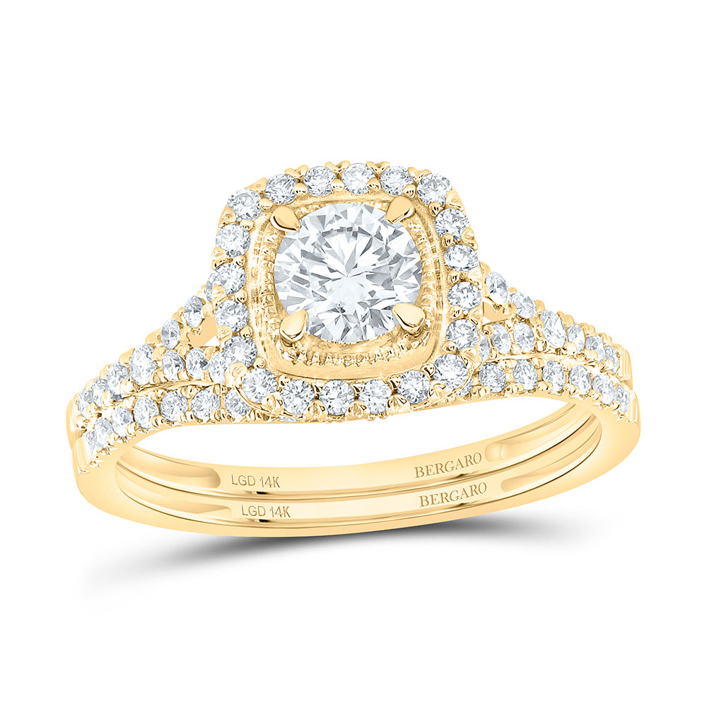 14K Yellow Or White Gold 1 Cttw Lab Grown Diamond 1/2 Cttw Center Round Cushion Single Halo Bridal Set