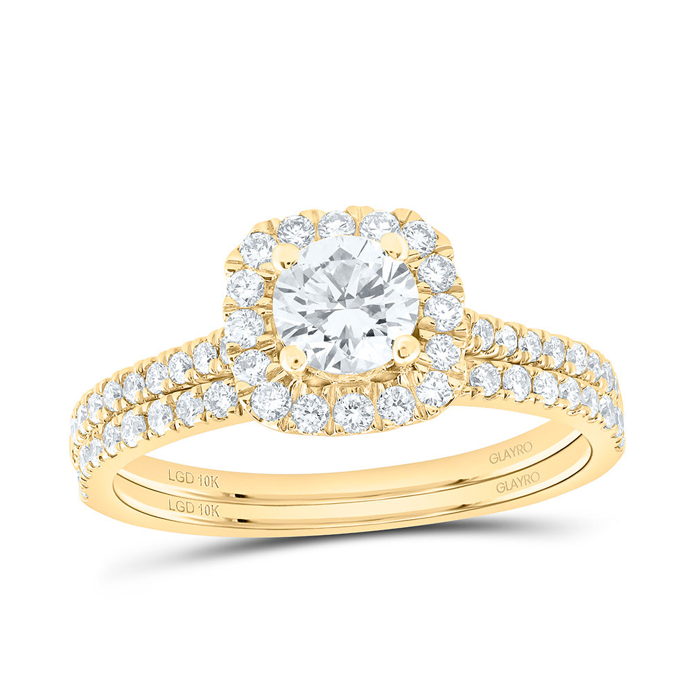 10K Yellow Or White Gold 1 Cttw Lab Grown Diamond 1/2 Cttw Center Round Cushion Single Halo Bridal Set