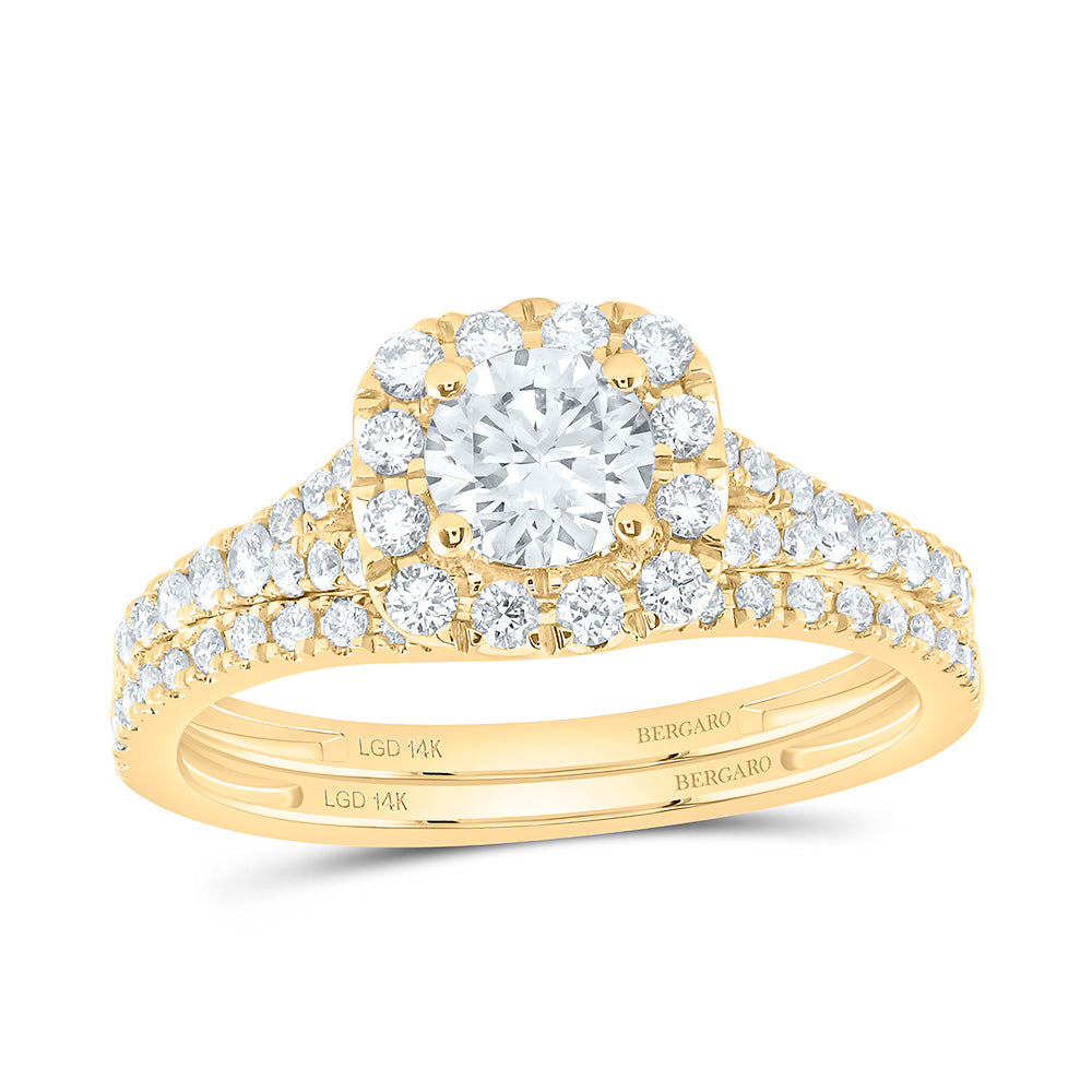 14K Yellow Or White Gold 1 Cttw Lab Grown Diamond 1/2 Cttw Center Round Cushion Single Halo Bridal Set