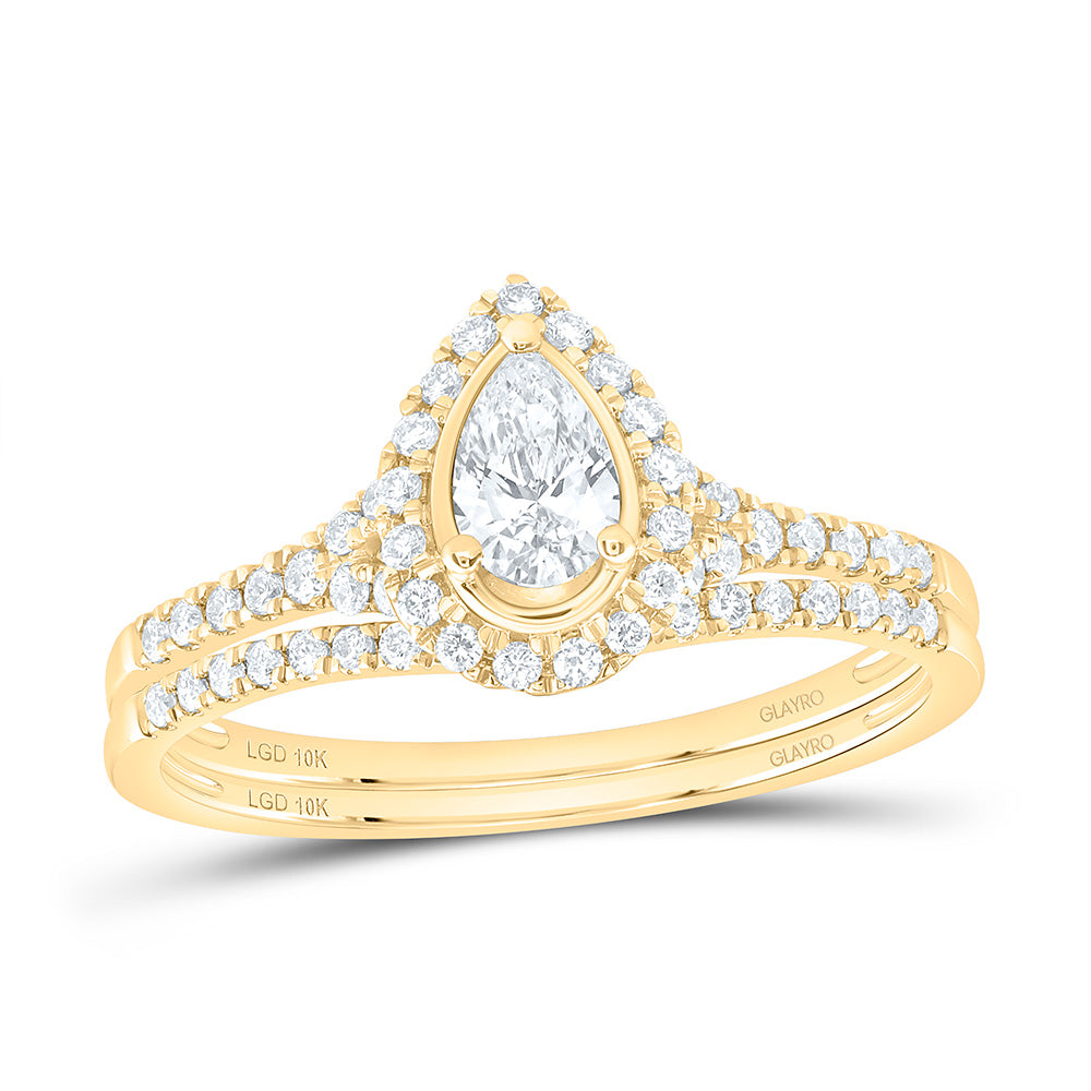 10K Yellow Or White Gold 1/2 Cttw Lab Grown Diamond 1/4 Cttw Center Pear Single Halo Bridal Set