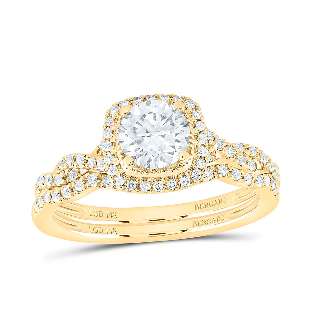 14K Yellow Or White Gold 1 Cttw Lab Grown Diamond 3/4 Cttw Center Round Cushion Single Halo Bridal Set