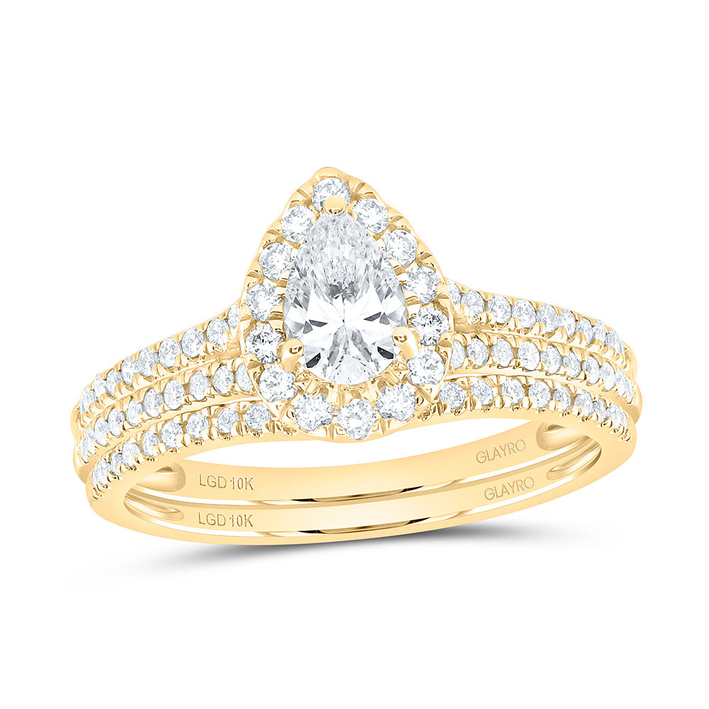 10K Yellow Or White Gold 1 Cttw Lab Grown Diamond 1/2 Cttw Center Pear Single Halo Bridal Set