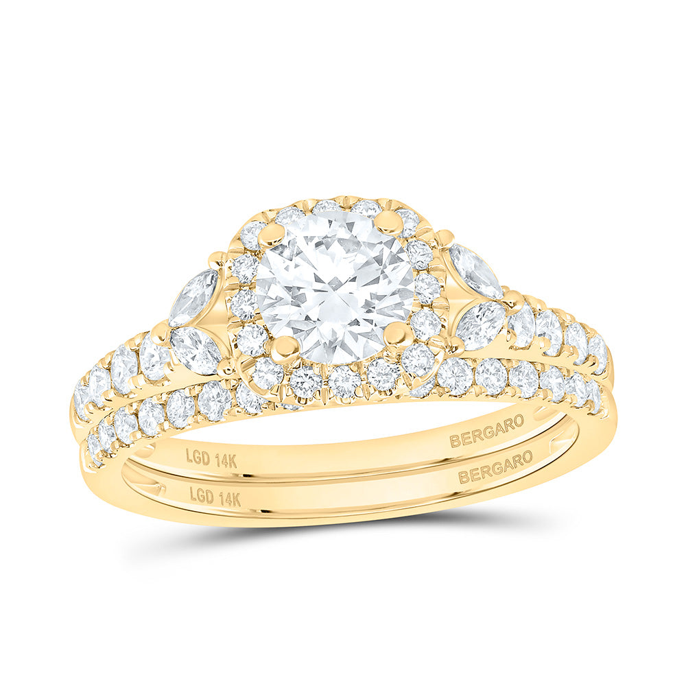 14K Yellow Or White Gold 1 1/2 Cttw Lab Grown Diamond 3/4 Cttw Center Round Cushion Single Halo Bridal Set