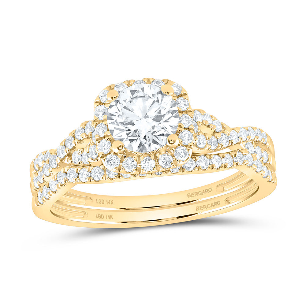 14K Yellow Or White Gold 1 1/4 Cttw Lab Grown Diamond 3/4 Cttw Center Round Cushion Single Halo Bridal Set
