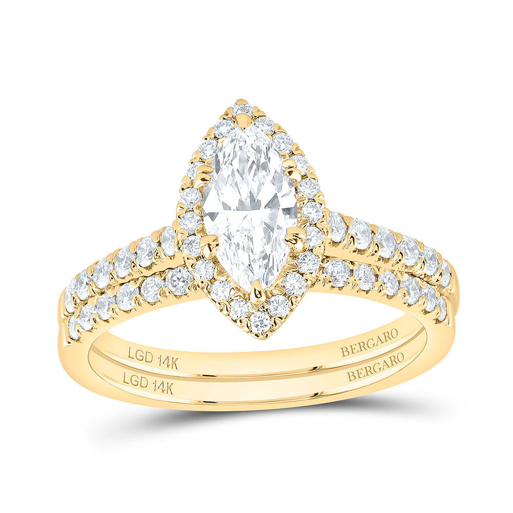 14K Yellow Or White Gold 1 1/3 Cttw Lab Grown Diamond 3/4 Cttw Center Marquise Single Halo Bridal Set