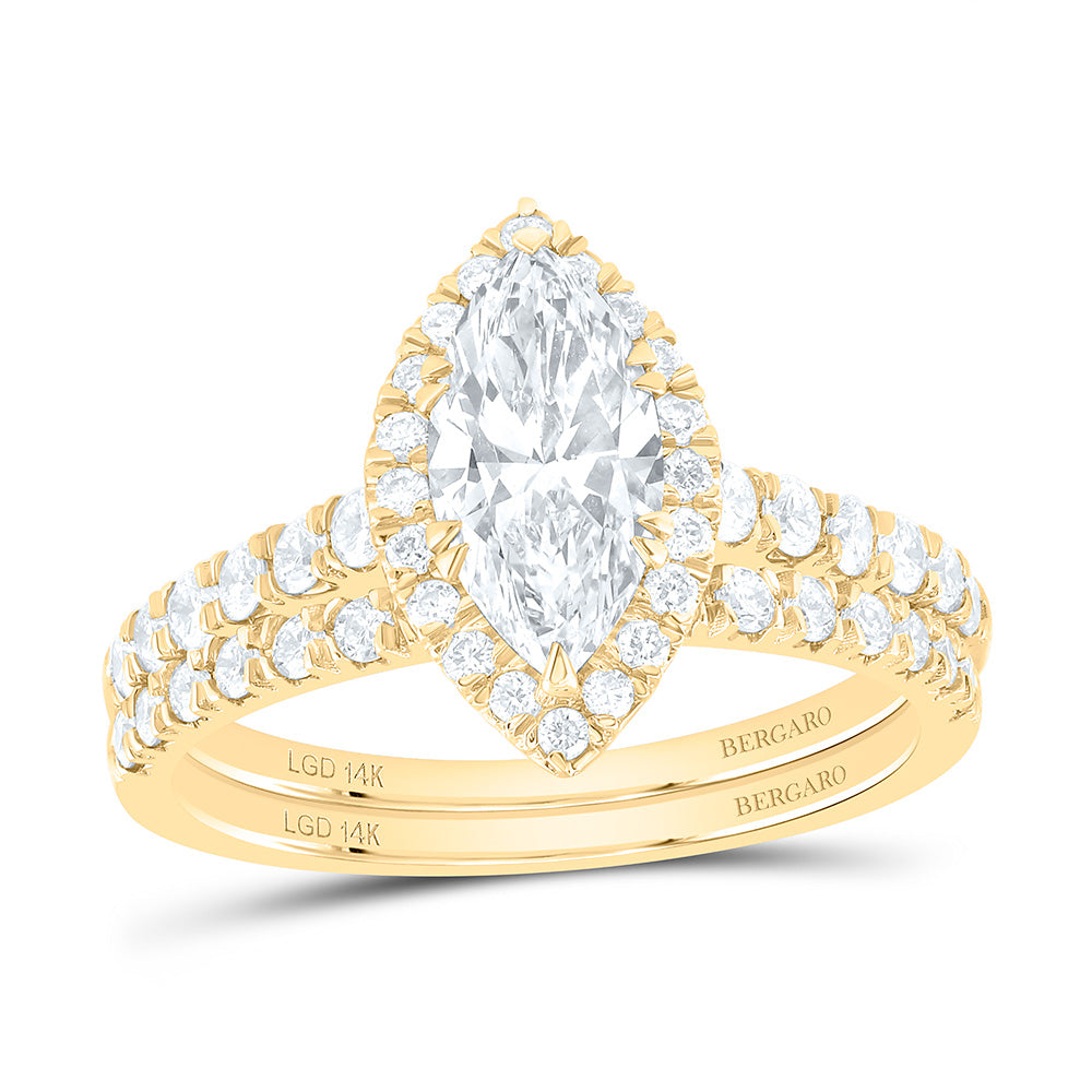 14K Yellow Or White Gold 1 7/8 Cttw Lab Grown Diamond 1 Cttw Center Marquise Single Halo Bridal Set
