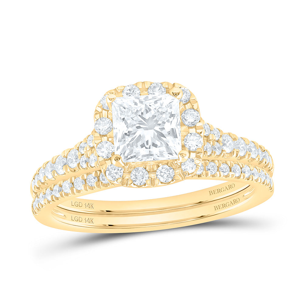 14K Yellow Or White Gold 1 1/2 Cttw Lab Grown Diamond 1 Cttw Center Princess Single Halo Bridal Set
