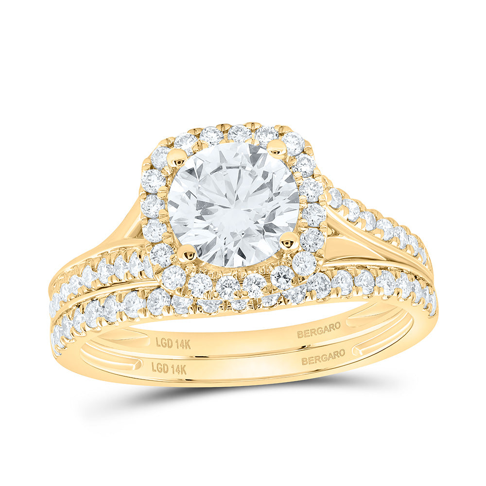 14K Yellow Or White Gold 1 1/2 Cttw Lab Grown Diamond 1 Cttw Center Round Cushion Single Halo Bridal Set