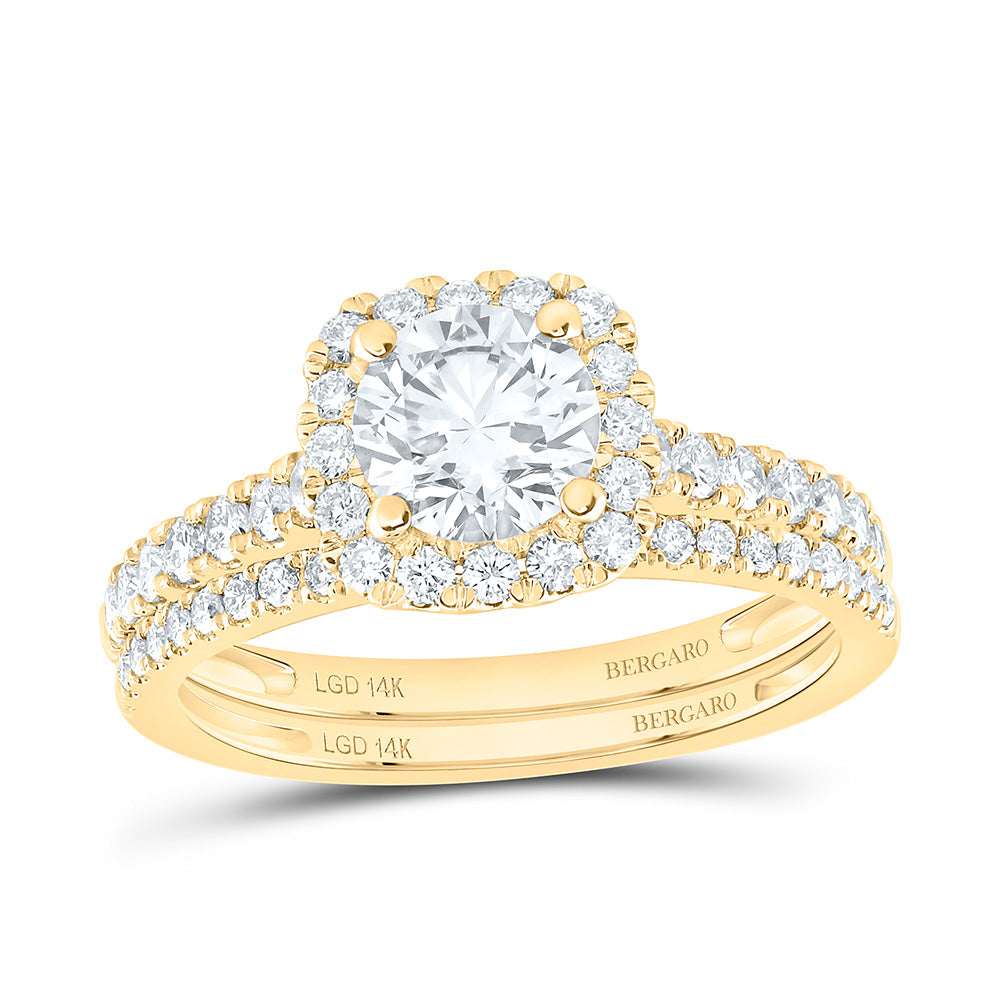 14K Yellow Or White Gold 1 3/4 Cttw Lab Grown Diamond 1 Cttw Center Round Cushion Single Halo Bridal Set