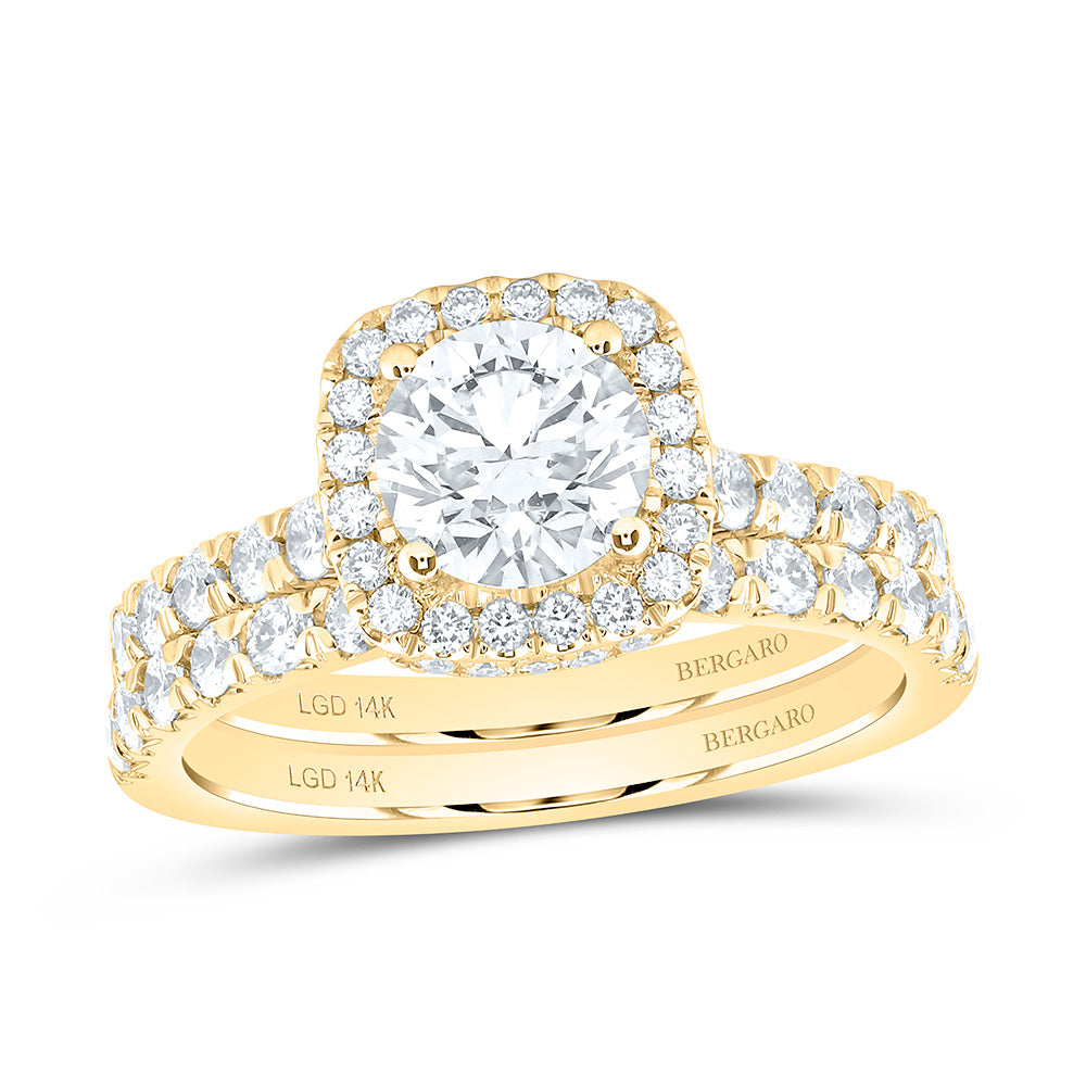 14K Yellow Or White Gold 2 Cttw Lab Grown Diamond 1 Cttw Center Round Cushion Single Halo Bridal Set
