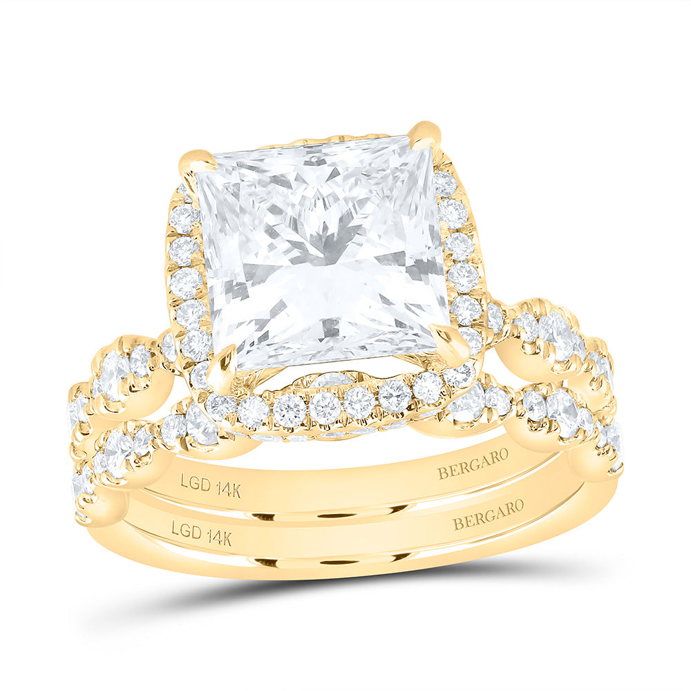 14K Yellow Gold 5 Cttw Lab Grown Diamond 4 Cttw Center Princess Cushion Single Halo Bridal Set