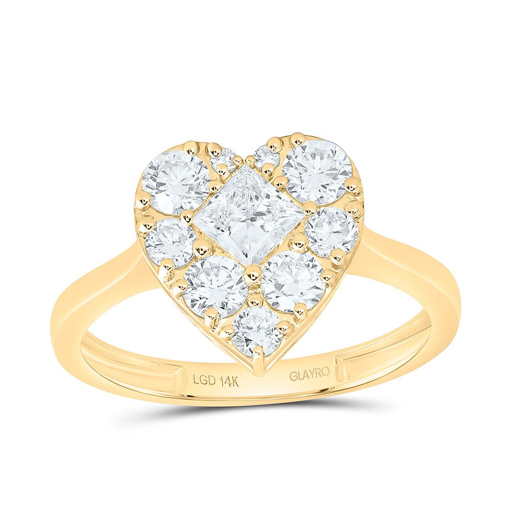 10K Yellow Gold 1 Cttw Lab Grown Diamond 3/8 Cttw Center Princess Fashion Heart Ring