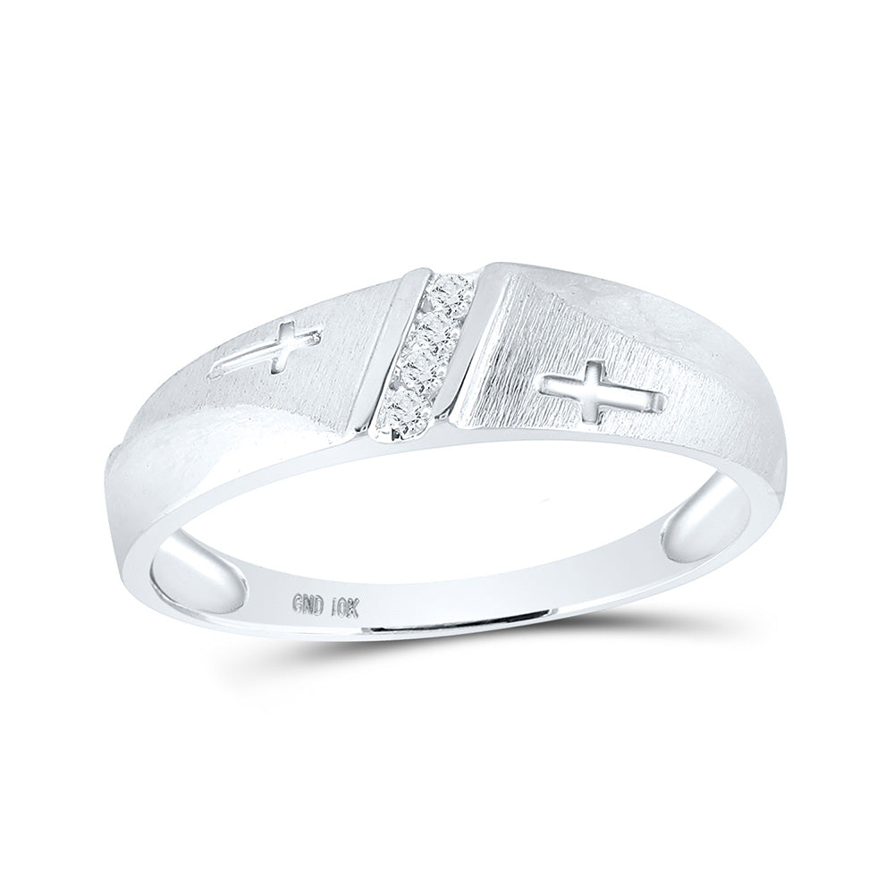 10K White Gold Mens Round Diamond Single Row Cross Wedding Band 1/20 Cttw, Mens Size: 7-13