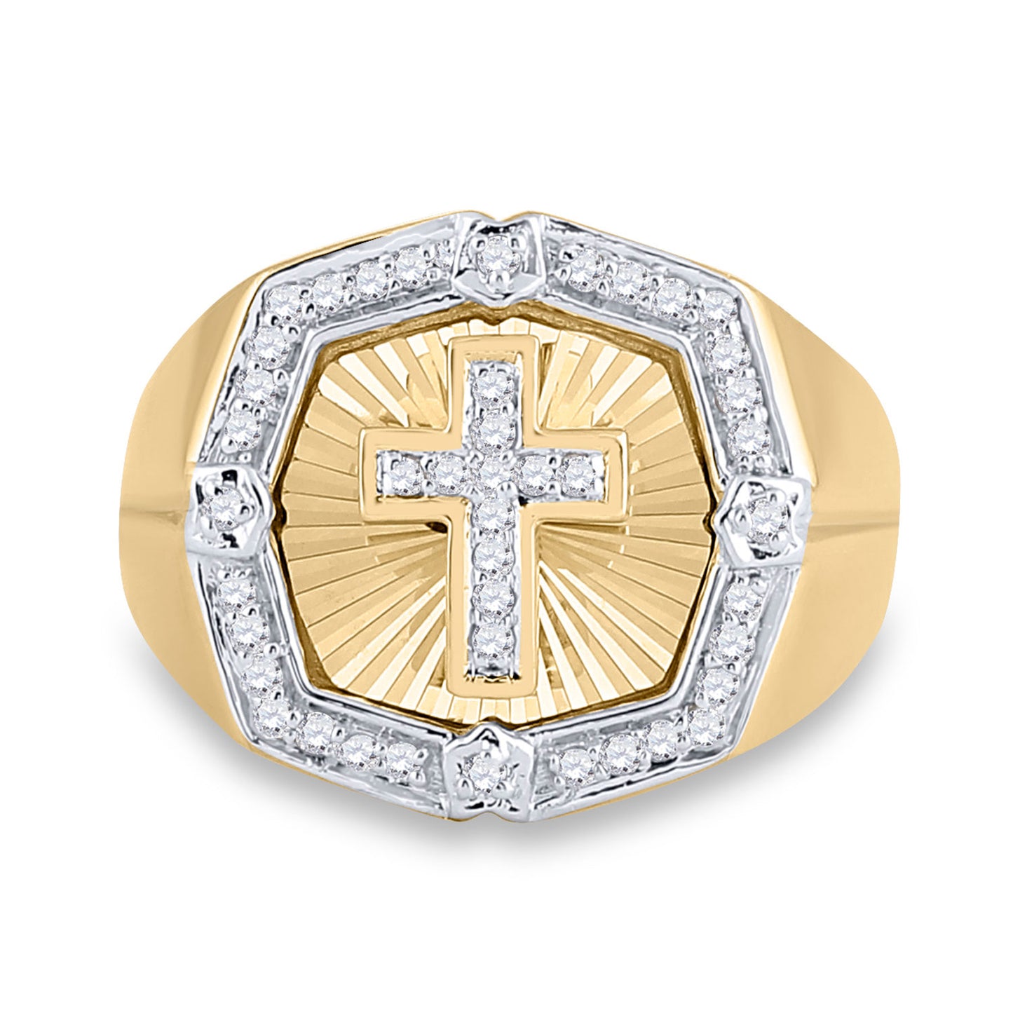10K Yellow Gold Mens Round Diamond Cross Ring 1/4 Cttw, Mens Size: 7-13