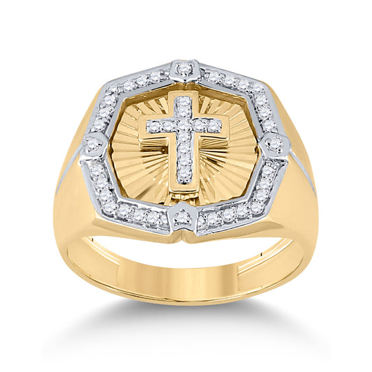 10K Yellow Gold Mens Round Diamond Cross Ring 1/4 Cttw, Mens Size: 7-13