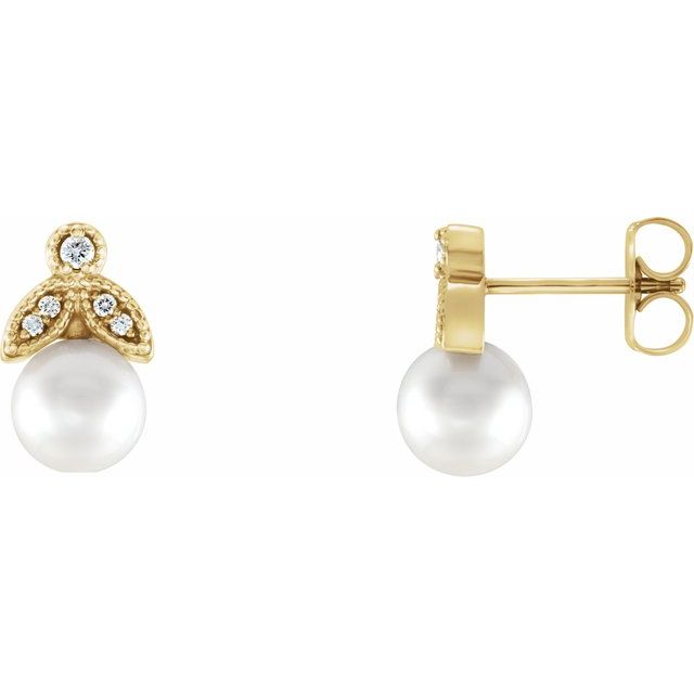 14K Yellow Gold 6.0-6.5 Mm Friction Backs Polished Cultured White Freshwater Pearl And .06 Ctw Natural Diamond Earrings