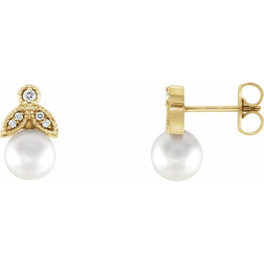 14K Yellow Gold 6.0-6.5 Mm Friction Backs Polished Cultured White Freshwater Pearl And .06 Ctw Natural Diamond Earrings