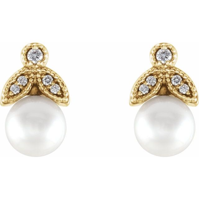 14K Yellow Gold 6.0-6.5 Mm Friction Backs Polished Cultured White Freshwater Pearl And .06 Ctw Natural Diamond Earrings
