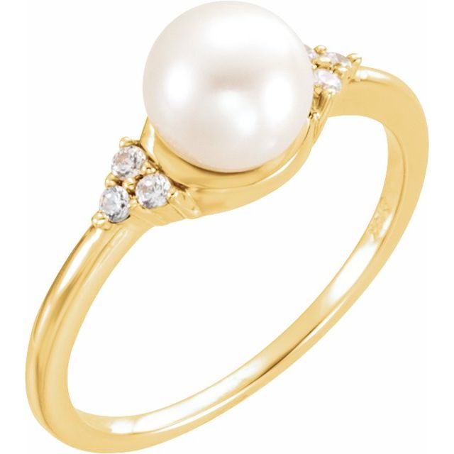14K White Or Yellow Gold 7.5-8.0 Mm Polished Cultured White Freshwater Pearl And 1/8 Ctw Natural Diamond Ring, Size 7