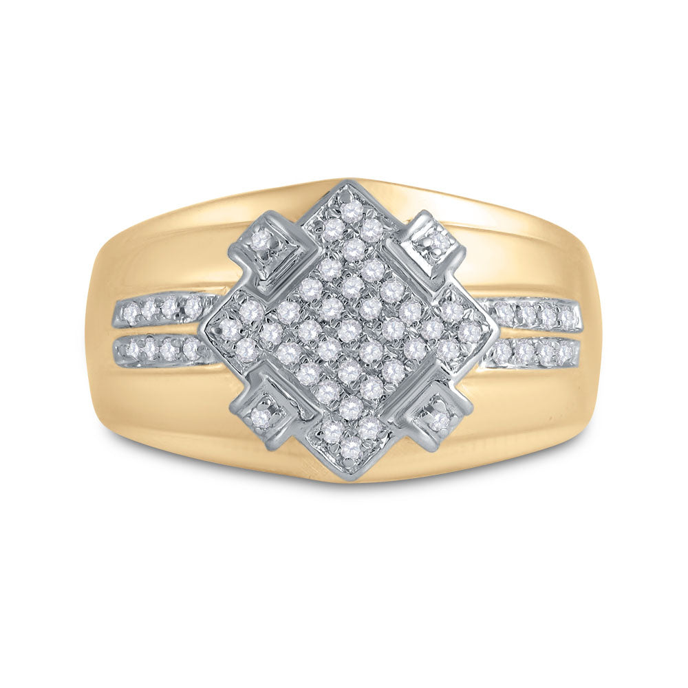 10K Yellow Gold Mens Round Diamond Offset Square Cluster Ring 1/3 Cttw, Mens Size: 7-13