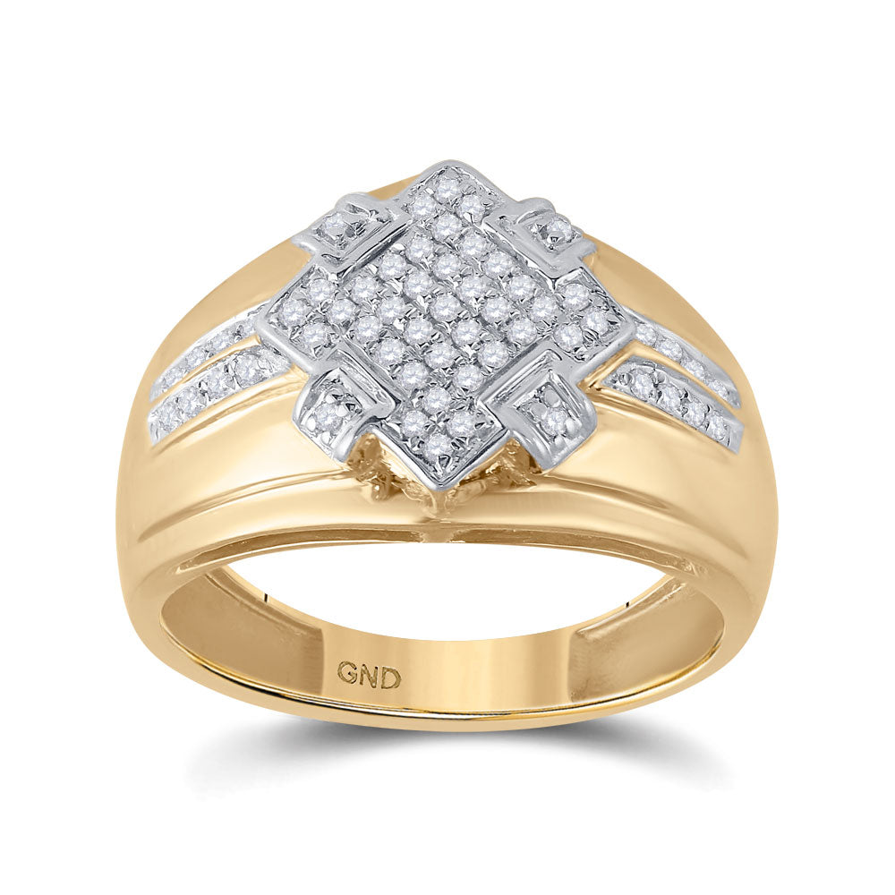 10K Yellow Gold Mens Round Diamond Offset Square Cluster Ring 1/3 Cttw, Mens Size: 7-13