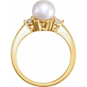 14K Yellow Gold  6 Mm Cultured White Akoya Pearl And 1/6 Ctw Natural Diamond Ring Size 6