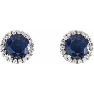 14K White Gold Round 6 Mm Natural Blue Sapphire And 1/8 Ctw Natural Diamond Earrings