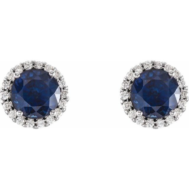 14K White Gold Round Friction Back Polished Lab-Grown Blue Sapphire And Natural Diamond Earrings