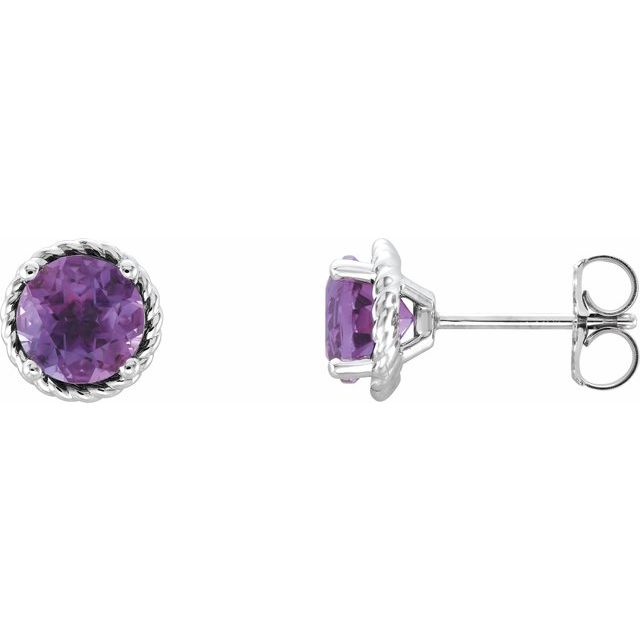 Sterling Silver Round Pair 5 Mm Friction 4-Prong Polished Natural Amethyst Rope Earrings With Backs
