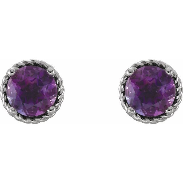 Sterling Silver Round Pair 5 Mm Friction 4-Prong Polished Natural Amethyst Rope Earrings With Backs