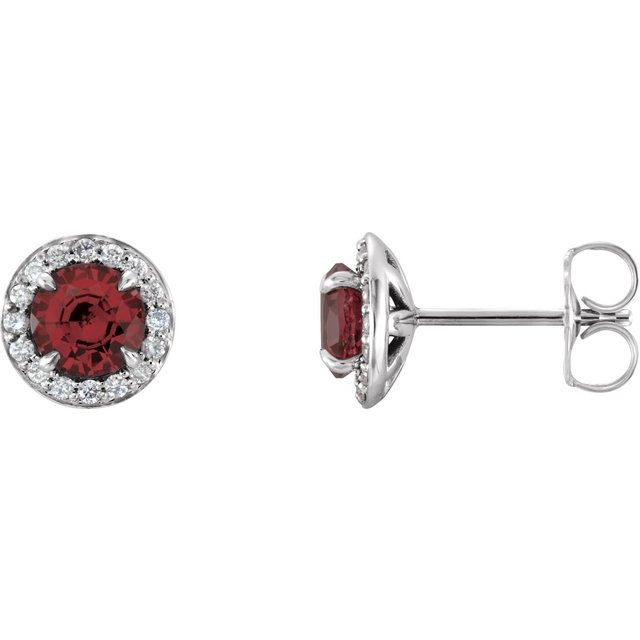 14K White Gold 5 Mm Round Friction Back Polished Natural Mozambique Garnet And 1/8 Ctw Natural Diamond Earrings