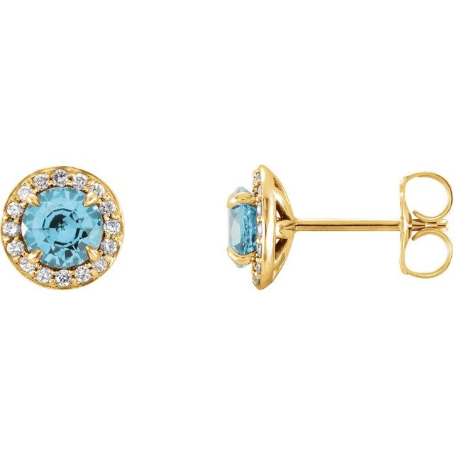 14K Yellow Gold 4 Mm Round Friction Back Polished Natural Blue Zircon And 1/10 Ctw Natural Diamond Earrings