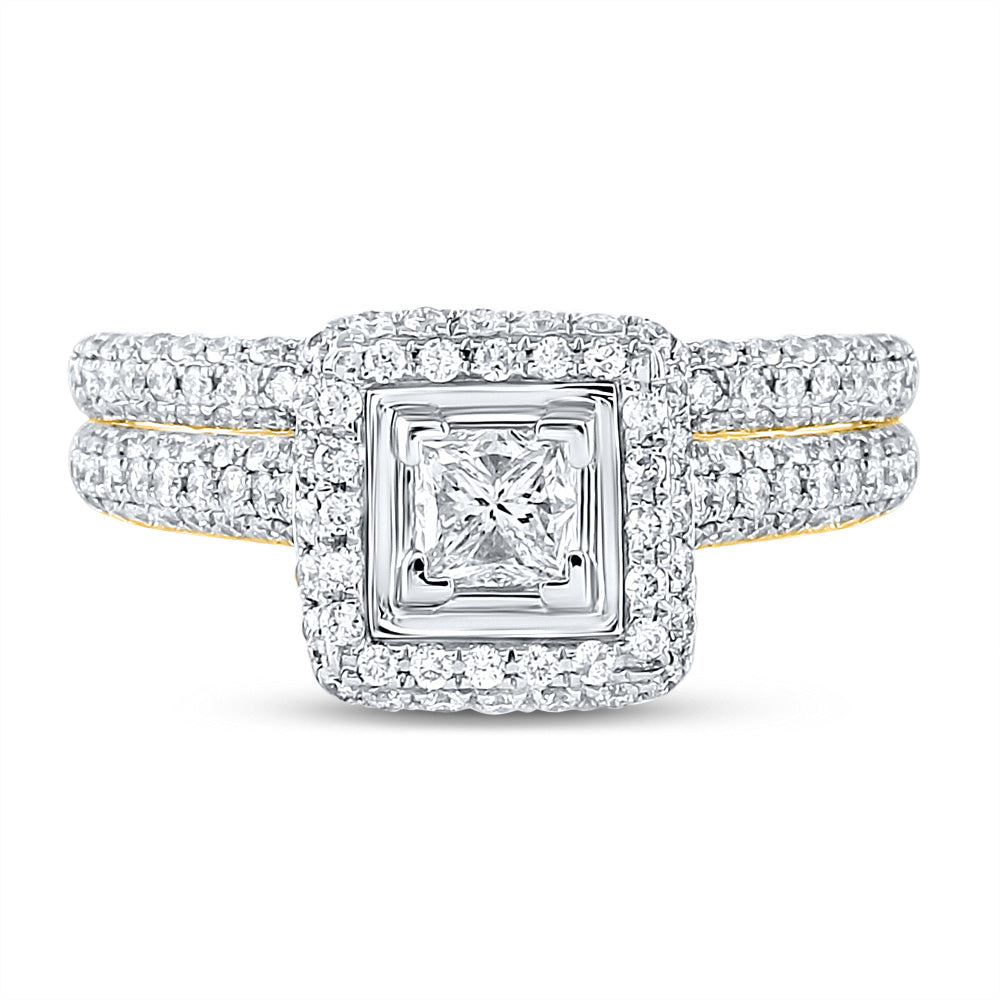 14K White Or Yellow Gold Princess Diamond Halo Bridal Wedding Ring Band Set, Womens Size: 5-10