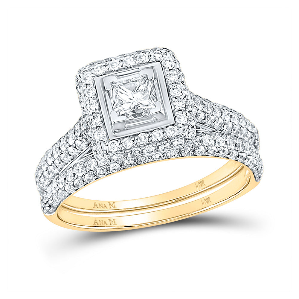 14K White Or Yellow Gold Princess Diamond Halo Bridal Wedding Ring Band Set, Womens Size: 5-10