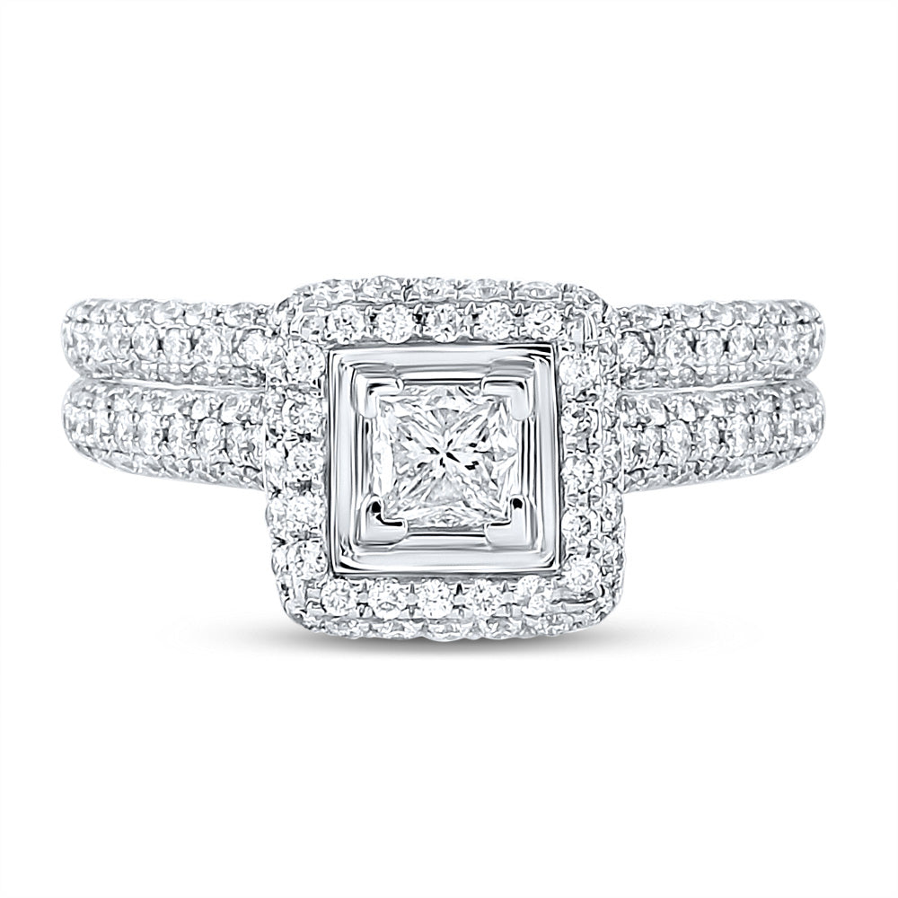 14K White Or Yellow Gold Princess Diamond Halo Bridal Wedding Ring Band Set, Womens Size: 5-10