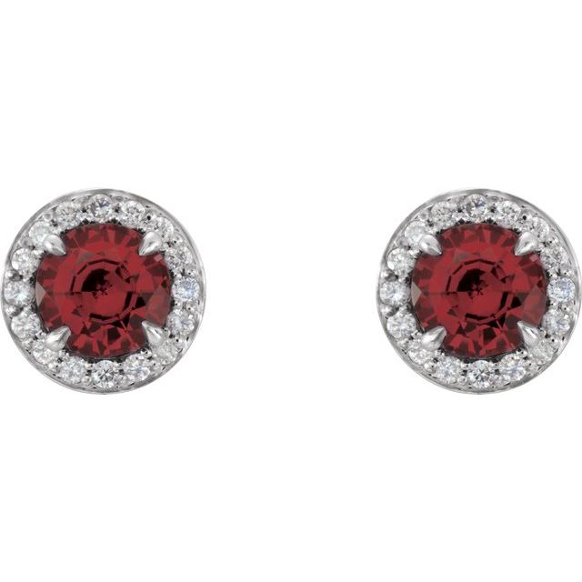 14K White Gold 5 Mm Round Friction Back Polished Natural Mozambique Garnet And 1/8 Ctw Natural Diamond Earrings