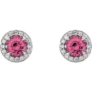 14K White Gold Round 4 Mm Natural Pink Tourmaline And 1/10 Ctw Natural Diamond Earrings