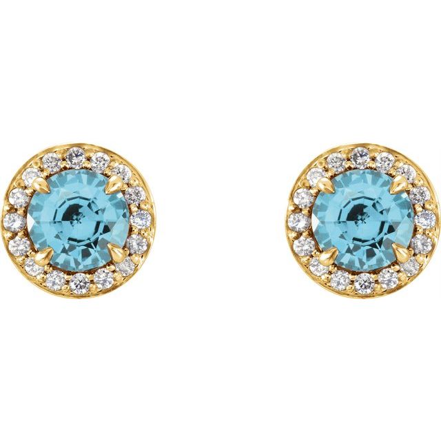 14K Yellow Gold 4 Mm Round Friction Back Polished Natural Blue Zircon And 1/10 Ctw Natural Diamond Earrings