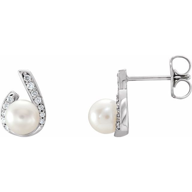 14K White Gold 5.0-5.5 Mm Friction Backs Polished Cultured White Freshwater Pearl And 1/10 Ctw Natural Diamond Earrings