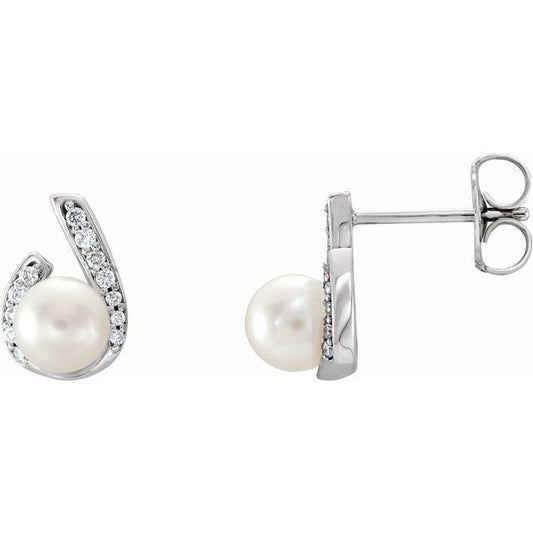 14K White Gold 5.0-5.5 Mm Friction Backs Polished Cultured White Freshwater Pearl And 1/10 Ctw Natural Diamond Earrings
