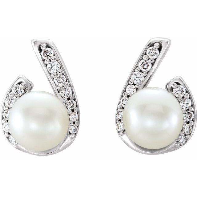 14K White Gold 5.0-5.5 Mm Friction Backs Polished Cultured White Freshwater Pearl And 1/10 Ctw Natural Diamond Earrings