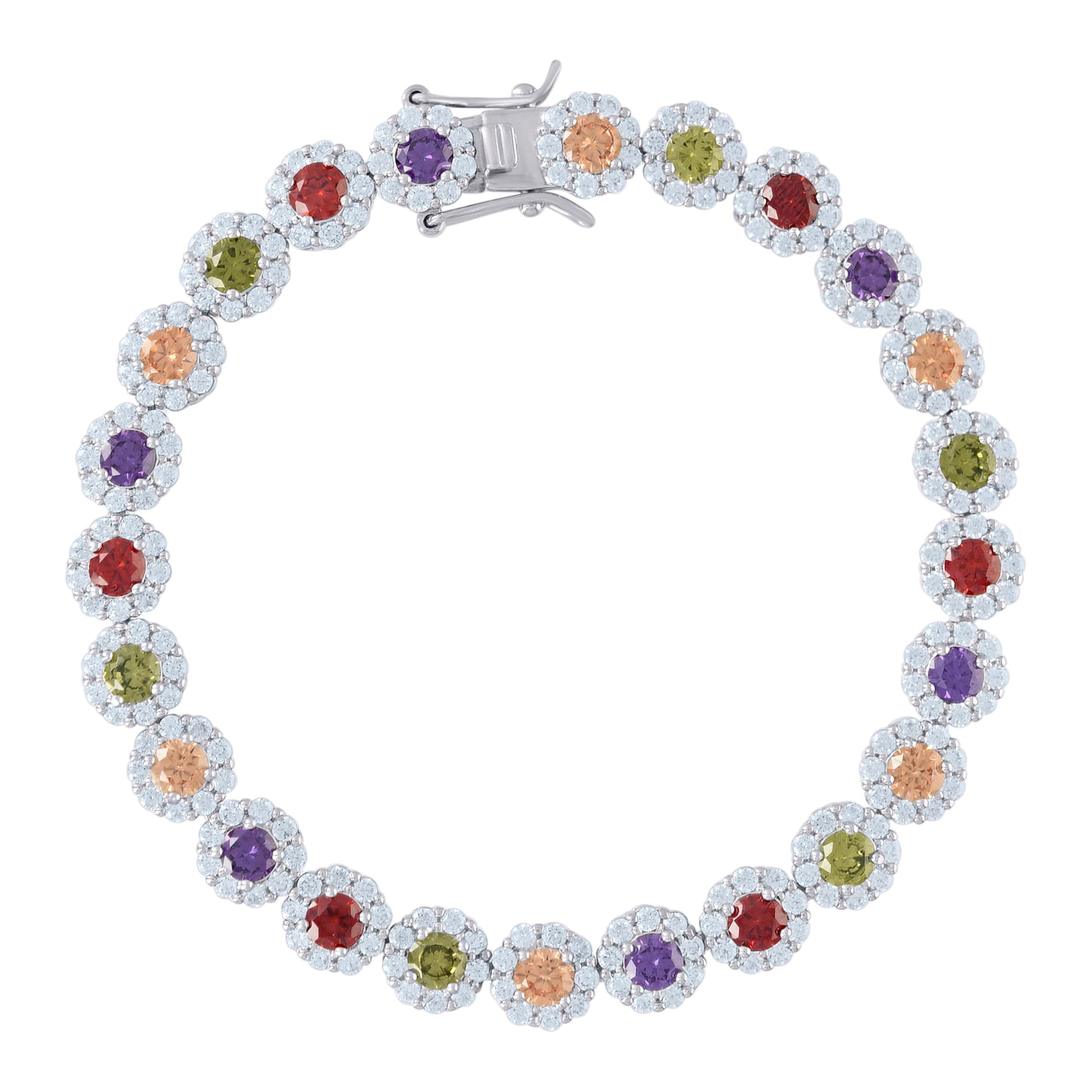 Sterling Silver Womens Cubic Zirconia Fancy Tennis Flower Bracelet Size 8 Inches