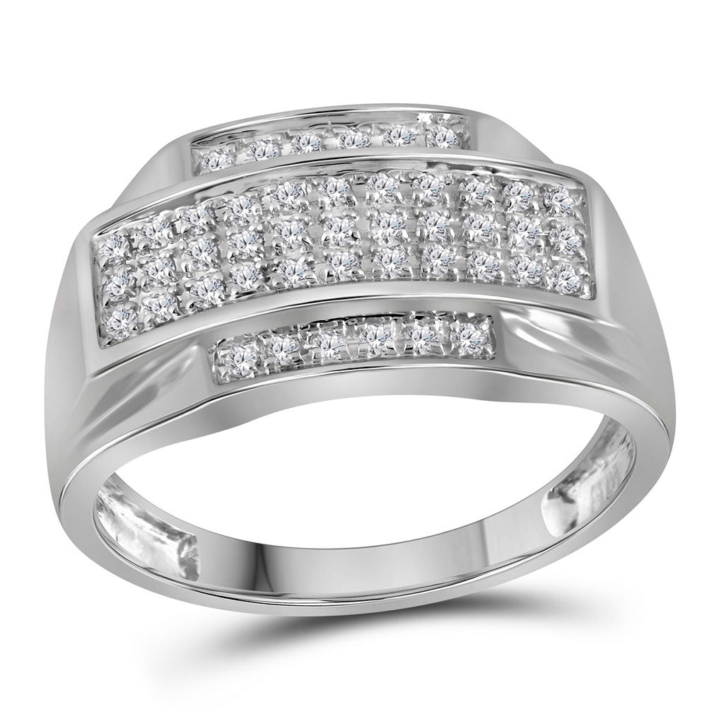 10K White Gold Mens Round Pave-set Diamond Rectangle Cluster Ring 1/3 Cttw, Mens Size: 7-13