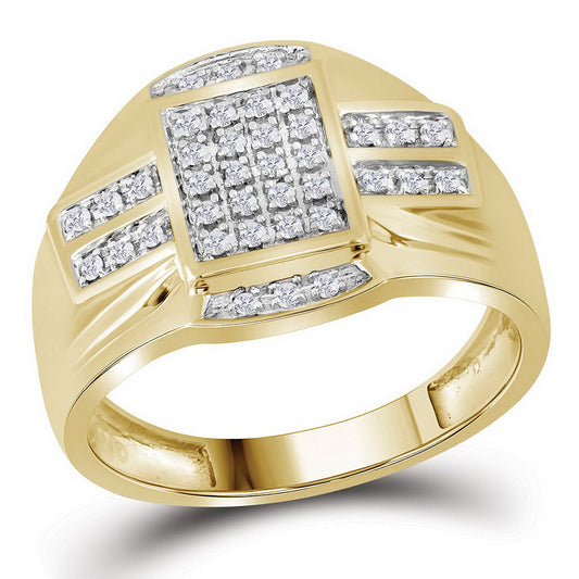 10K Yellow Gold Mens Round Diamond Rectangle Cluster Ring 1/4 Cttw, Mens Size: 7-13