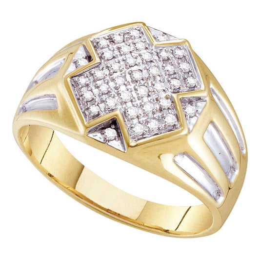 10K Yellow Two-tone Gold Mens Round Diamond Cross Cluster Ring 1/4 Cttw, Mens Size: 7-13