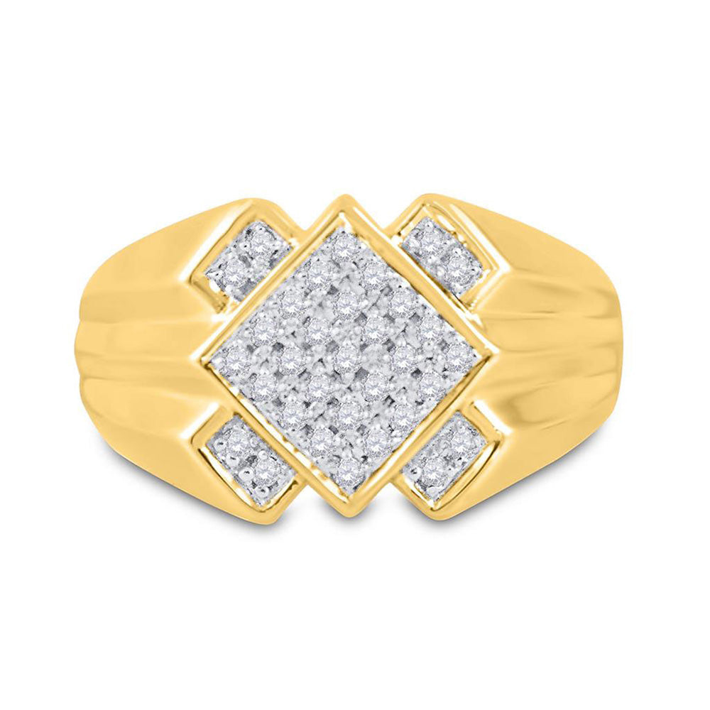 10K Yellow Gold Mens Round Diamond Diagonal Offset Square Ring 1/4 Cttw, Mens Size: 7-13
