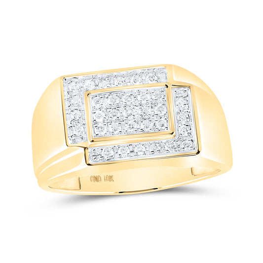 10K Yellow Gold Mens Round Diamond Rectangle Cluster Ring 1/4 Cttw, Mens Size: 7-13