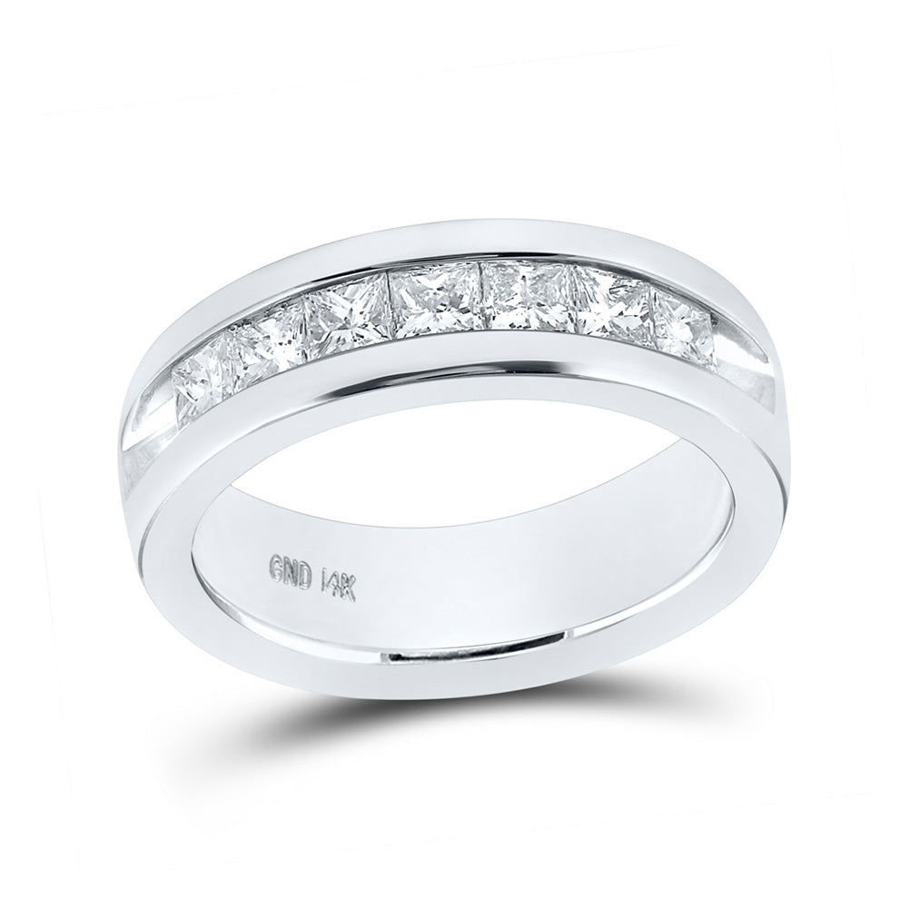 14K White Gold Mens Princess Diamond Wedding Single Row Band Ring 1-1/2 Cttw, Mens Size: 7-13